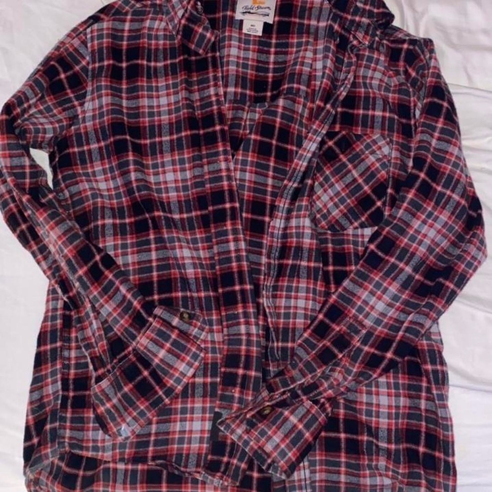 Oversized Boyfriend Plaid Red Black White Long Sleeve Button Down Flannel Top
